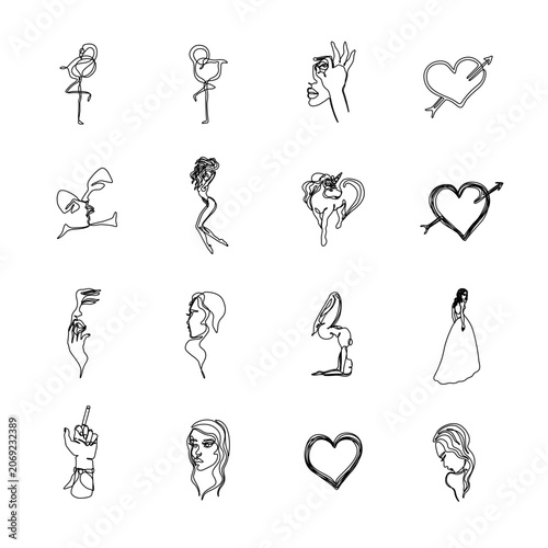 Stylish one line art collection women, flamingos, hearts, unicorn, yoga poses and abstract faces. Elegant continuous line illustrations for modern creative projects.