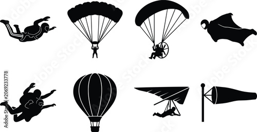 Bild auf Leinwand Skydiving and extreme air sports silhouette icons set for parachuting, paraglidi