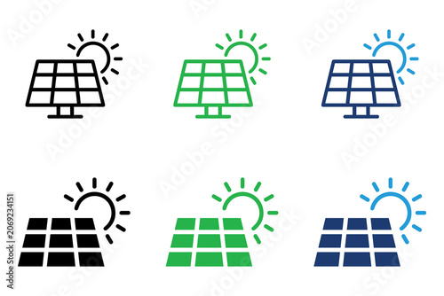 Solar panel icons set with sun for renewable green energy in outline and flat style