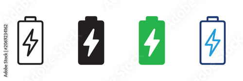 Battery charging icons set with lightning bolt energy symbol in outline silhouette and colored style
