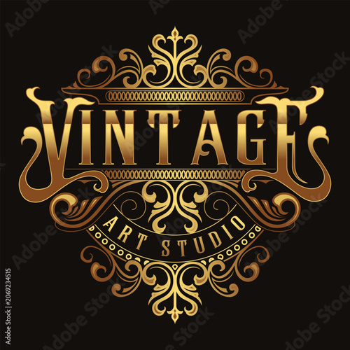 Golden Vintage Art Studio Logo Template with Luxury Victorian Flourish Ornaments on Black Background