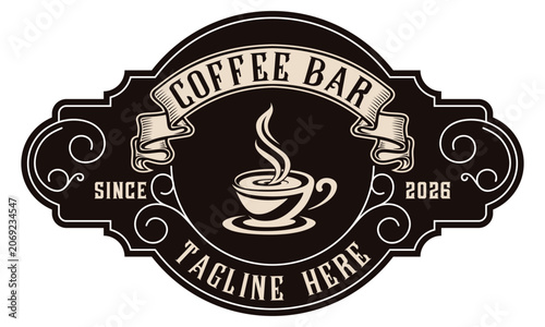 Vintage Coffee Bar Logo Emblem with Hot Coffee Cup and Elegant Flourish Frame