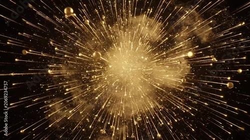 Abstract golden light burst explosion on dark background.