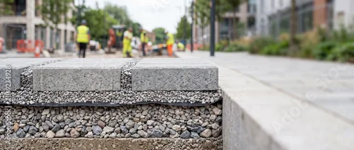 Panel kuchenny z motywem Urban pavement construction closeup showing paving stones, gravel layers and construction workers