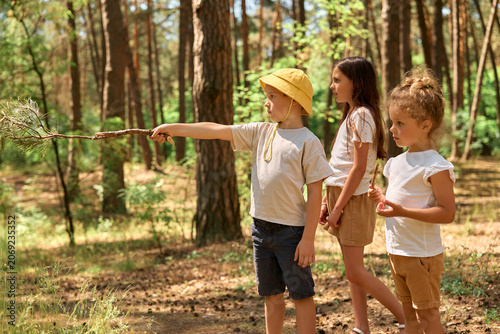 Tablou pe pânză Three children are in a forest during the summer