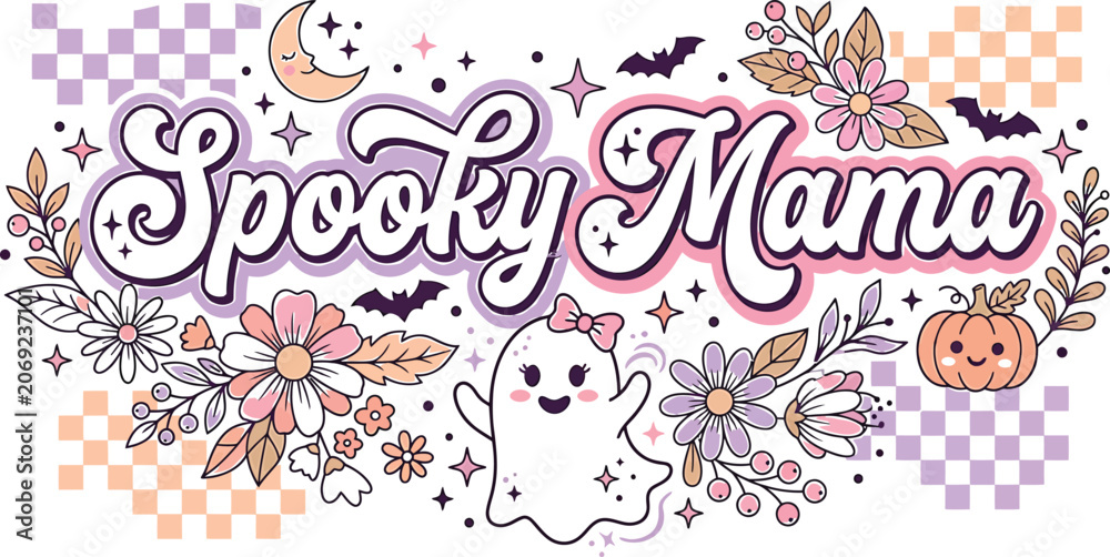 Fototapeta premium Halloween spooky mama shirt vector graphic kawaii ghost floral design