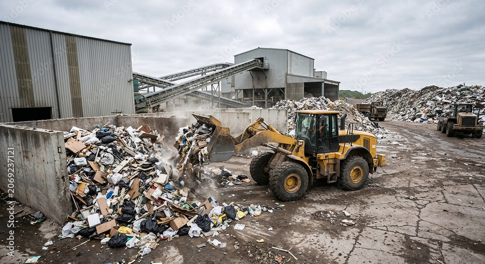 Fototapeta premium Industrial machinery processing waste at a large recycling facility.
