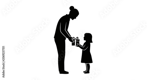 Mother Giving Gift to Daughter Silhouette Vector Illustration