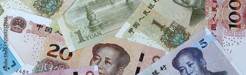 Photography Chinese yuan money bills in pile on table