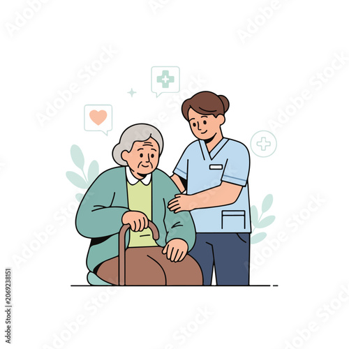 Nurse Assisting Elderly Woman with Cane.
