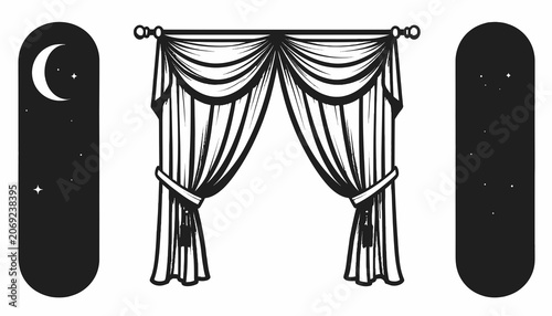 Bild auf Leinwand Black and white illustration curtain.
