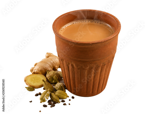 Hot masala chai served in a traditional clay kulhad with cardamom and ginger, warm Indian beverage with realistic steam, isolated on transparent background.