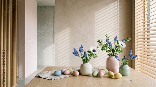 Easter Springtime Home Decor with Flowers and Eggs.