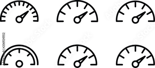 Billede på lærred Speedometer line icon set including dashboard gauge tachometer acceleration indicator progress meter risk measurement level performance optimization dial vector elements
