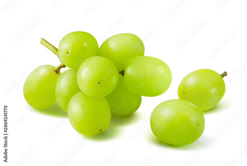 Naklejka premium Cute bunch of green grapes isolated on white background. No leaves. Real photography