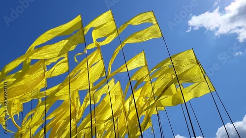 Yellow flags fluttering in wind against blue sky. Row of vibrant textile banners for outdoor event decoration. Celebration concept, festive atmosphere and dynamic movement in bright sunlight.
