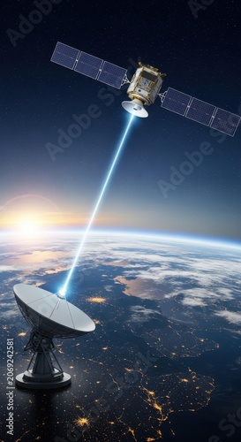 Satellite transmitting data to Earth dish in space.