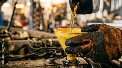 Closeup of a mechanic pouring fresh motor oil into a car engine using a yellow funnel in a workshop