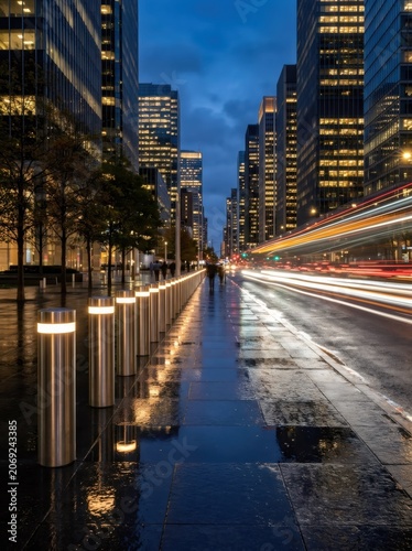 City street at dusk with light trails from moving traffic on wet road. Modern skyscrapers with illuminated windows in business district. Urban evening landscape long exposure scene.