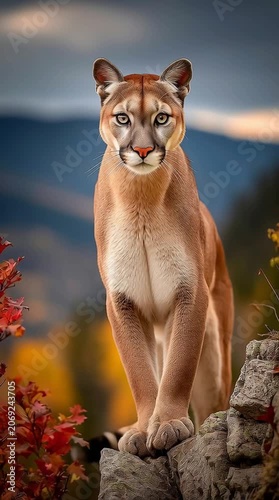 Majestic Mountain Lion Standing Atop a Mountain generative ai