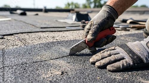 Closeup of a roofers hands in work gloves using a utility knife to cut roofing material on a flat roof construction site