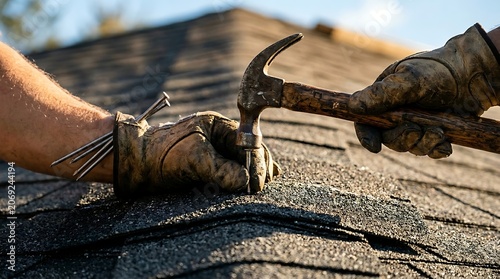 Closeup of a roofers hands wearing work gloves, hammering a nail into asphalt shingles on a roof during a construction project