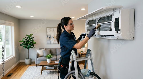 Professional technician cleaning a wallmounted air conditioner unit in a modern living room