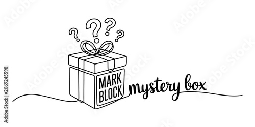Fotografie Continuous line drawing Mystery box, gift box, question mark, surprise package,