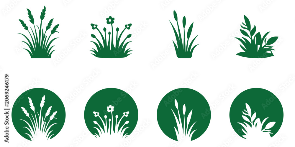 Naklejka premium Grass vector set, fresh spring meadow elements nature. Natural lawn vector illustration. Green plant symbol representing outdoor vegetation and landscaping.