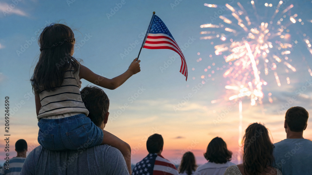 Naklejka premium Little girl sitting on man shoulders holding American flag and watching fireworks at sunset with crowd, patriotic celebration for Independence Day and holiday