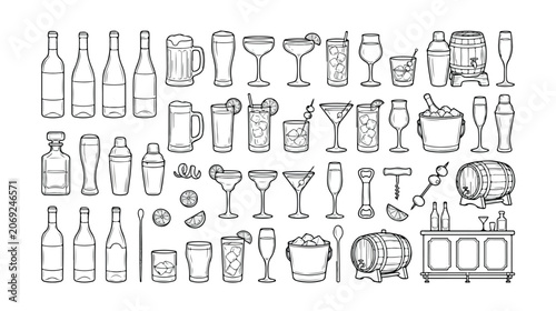 Set of 50 Hand-Drawn Kitchen Utensils and Cookware Vector Illustrations isolated PNG with Transparent Background
