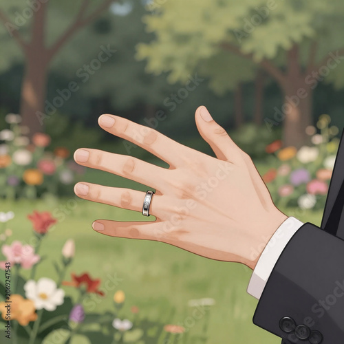 Storybook Illustration Ring Joy. Gay Couple'S Wedding Day Hand-Holding Moment In A Park