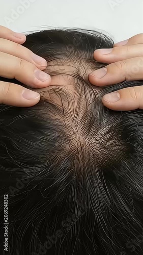 つむじ周りの薄毛や髪のボリュームを両手で確認する男性