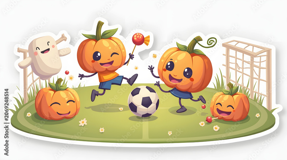 Fototapeta premium Children and pumpkins play soccer on a green field with a goal in the background during autumn time
