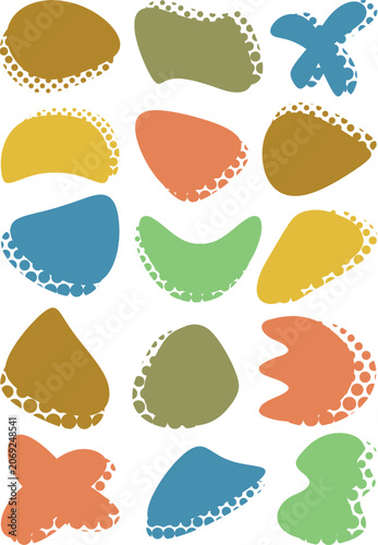 Set of abstract organic irregular shapes with color halftone raster, minimalist bright retro colorful vector blob collection isolated on transparent background	