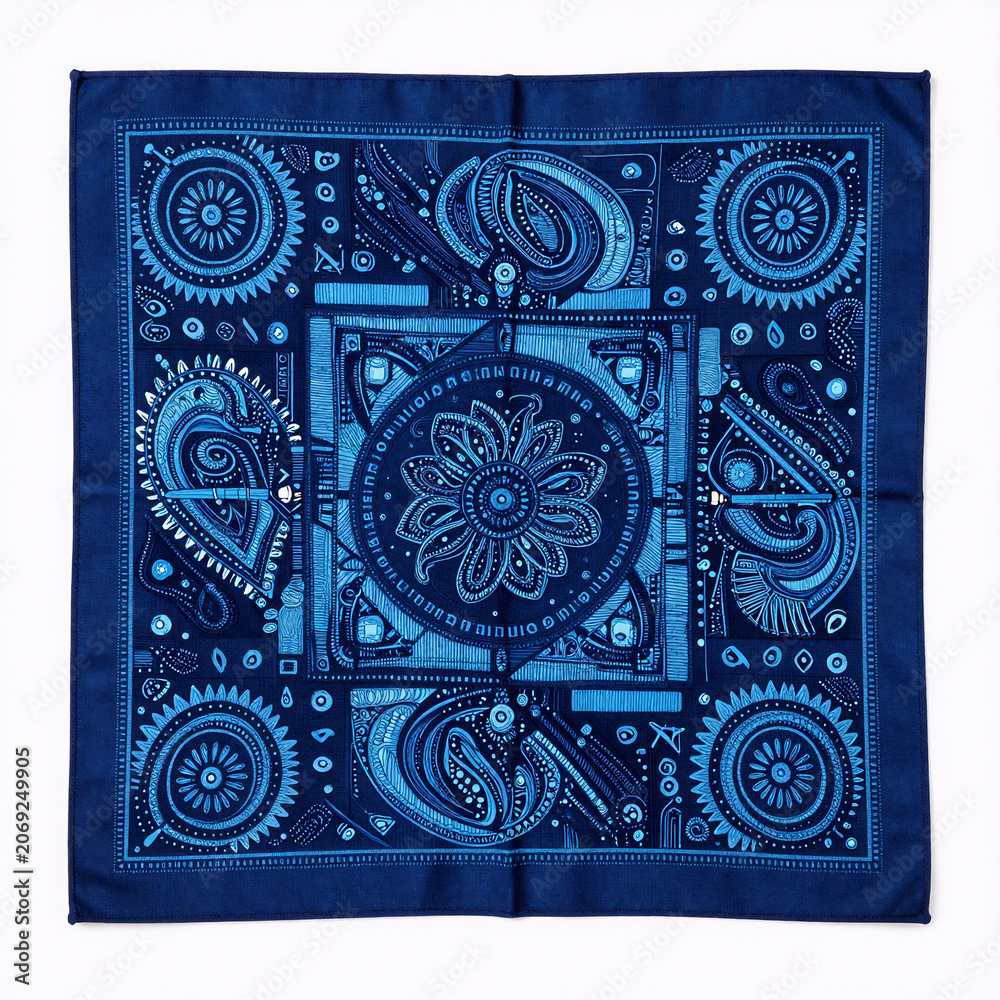 Naklejka premium Editorial Illustration Pattern Quilt. Stylized, Abstract Pattern Showcasing A Blue Paisley Bandana Fabric Patchwork Design