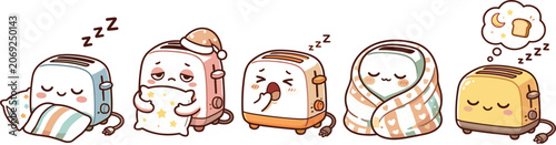 Fotografija Cute cartoon toaster sleeping character set with pillow blanket and nightcap sho