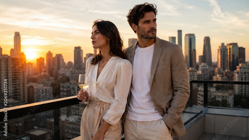 Fototapeta premium Stylish couple on a rooftop balcony at sunset overlooking a city skyline, sharing a drink in a warm golden-hour urban scene