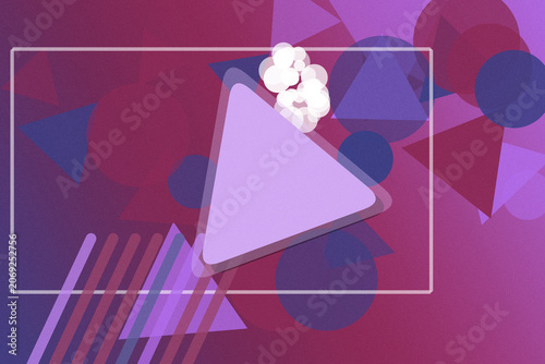 A vibrant purple abstract scene shows a glowing play icon over layered geometric shapes and soft bubble light, creating an energetic, creative mood for digital design use.