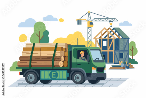 Electric Truck Delivering Sustainable Lumber to Eco Construction Site