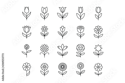 Set of minimalist line art flower icons and botanical symbols