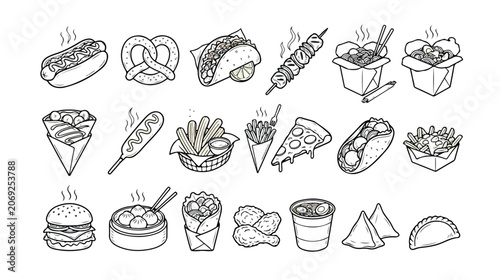 Schilderij op canvas Set of 20 Hand-Drawn Fast Food and Street Food Line Art Icons Vector