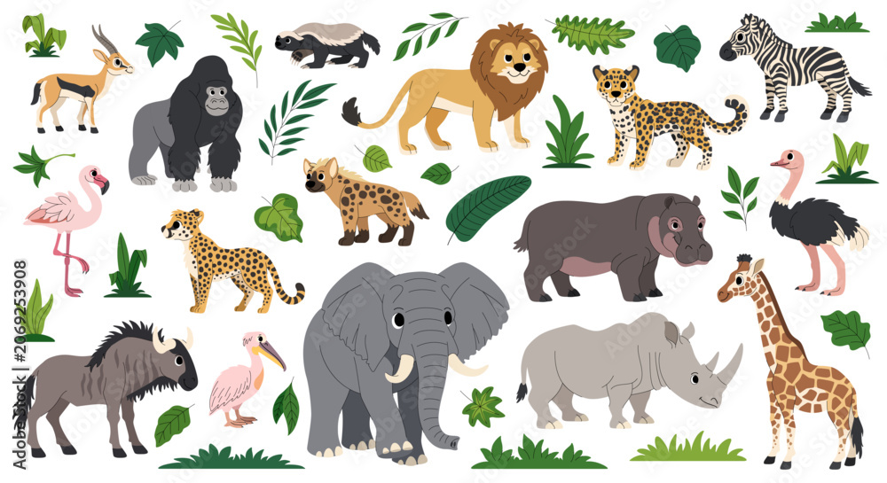 Obraz premium African animals set. Cartoon safari animals, inhabitants of Africa. Wild exotic savannah animals and tropical leaves collection. White background.