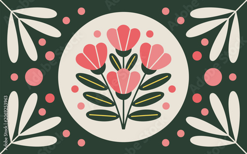 Floral pattern background with blooming flowers and circular frame