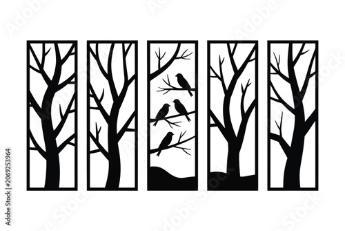 Set of black silhouette tree panels with birds in vertical frames