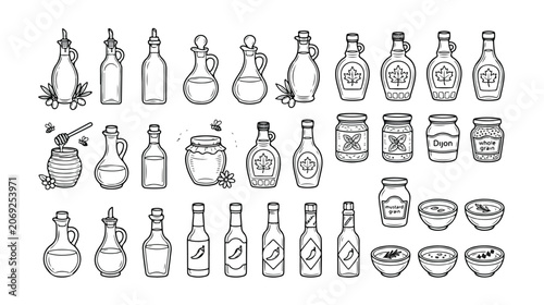 Fotografía Set of 39 hand-drawn line art food oil, sauce, and honey jar and bottle vector i