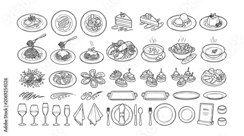 Konstfotografi Set of 40 Hand-Drawn Restaurant Food and Dining Elements Vector