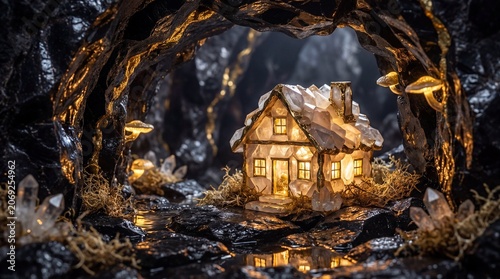A small house made of crystals sits in a cave with mushrooms and a tunnel of crystals around it.