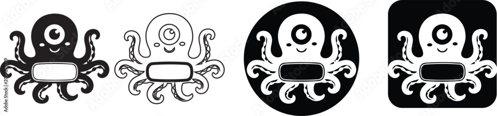 Fototapeta premium Cute one eyed octopus monster character icon set with four design variations vector illustration