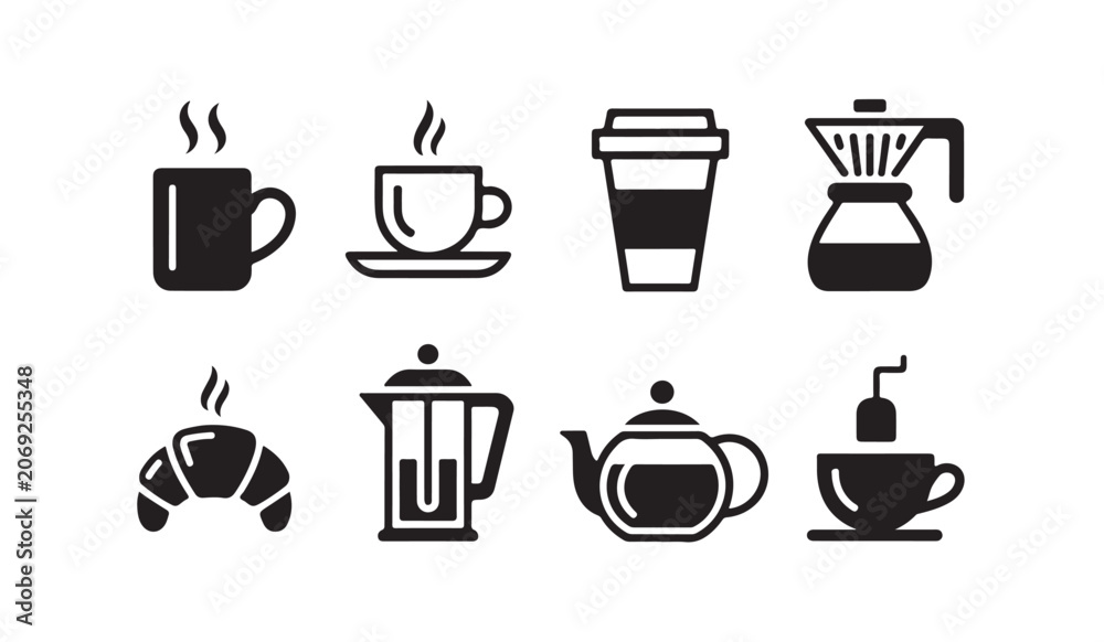 Obraz premium Variety of coffee and breakfast items including steaming mugs croissant and teapots vector icons.